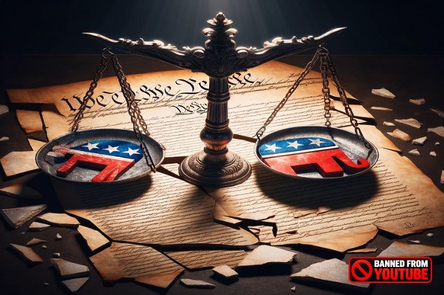 A broken scale of justice lying on a damaged U.S. Constitution, symbolizing the increasing threats to women's rights, health rights, and democracy in contemporary society.
